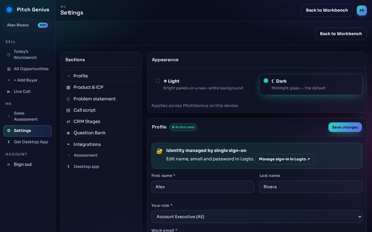 Settings, Profile section